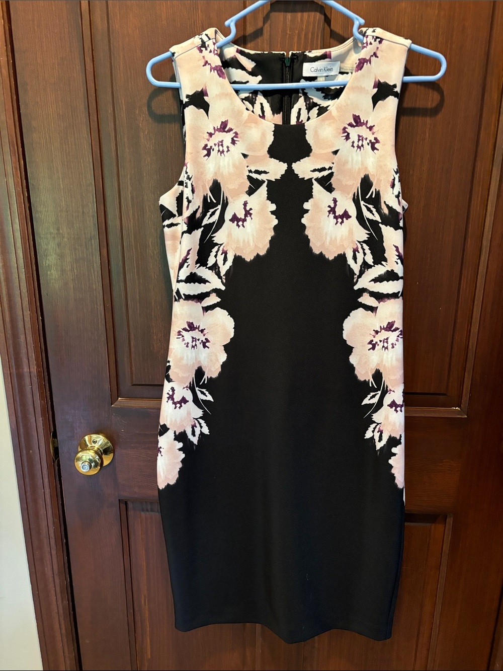 Calvin Klein Black Sheath Dress with Pale Pink Floral Print